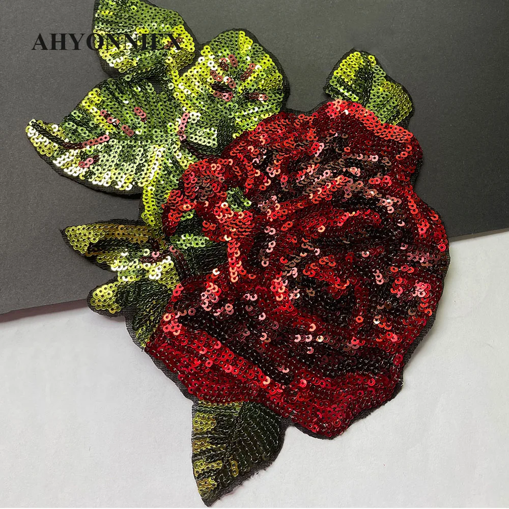 22CM*18CM Rose Flower Patch Sequins Sticker Sew On Patches for Clothing Applique Embroidery DIY Accessories