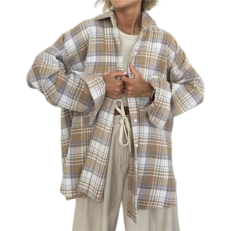 

ASDS-Women's Button-Down Plaid Shirt Long Sleeve Lapel Plaid Shirt Business Casual Shirt Tops