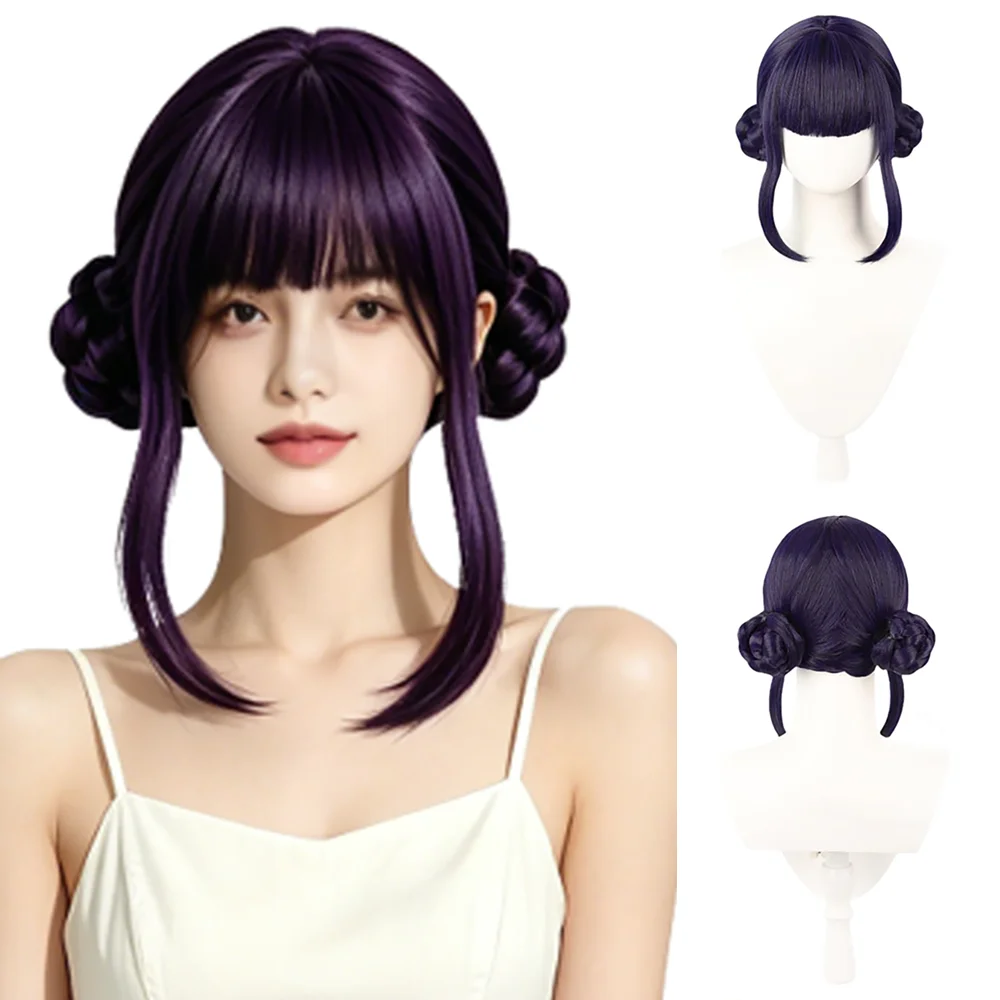 Daily Wear Dark Purple/Black Space Buns Wig with Straight Bangs Natural Looking Heat Resistant Synthetic Wig For Women