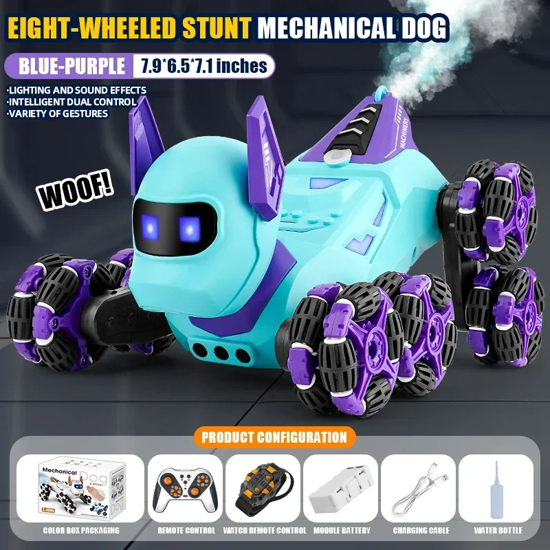 Robot pies RC, osiem kołowy, zdalnie sterowany, samochód akrobacyjny, zabawka dla dzieci, sterowany radiowo 2.4G, elektryczny robot szczeniak, muzyka, rozpylacz, prezenty dla dzieci.