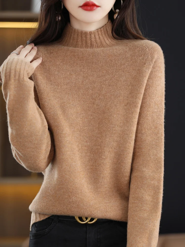 Women’s Autumn Winter Pullover Cashmere Sweater 100% Merino Wool Mock-neck Pure Colors Knitwear Female Clothing Basic Top