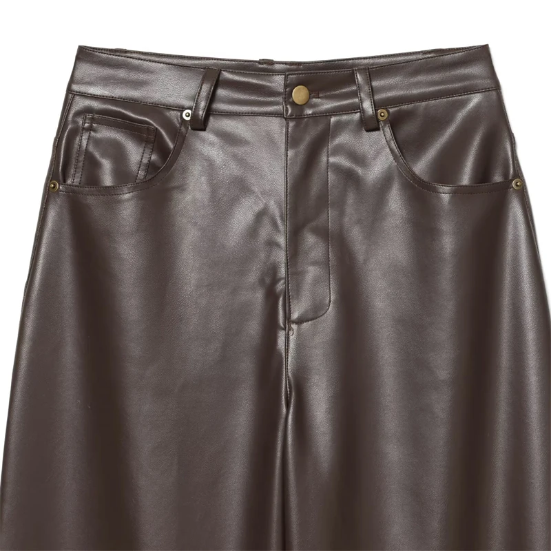 KEYANKETIAN Lente Nieuwe dames kunstleer Casual broek Retro-stijl Rits Hoge taille Losse zakken Bruine lange broek