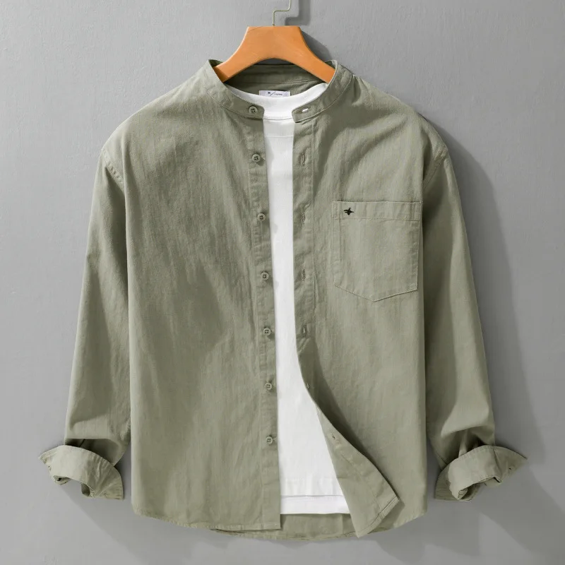 

Casual Cotton Long Sve irt Men's Loose Fit Stand Collar Pure Color Versatile Autumn New Sle Fre Sle Commute Sle