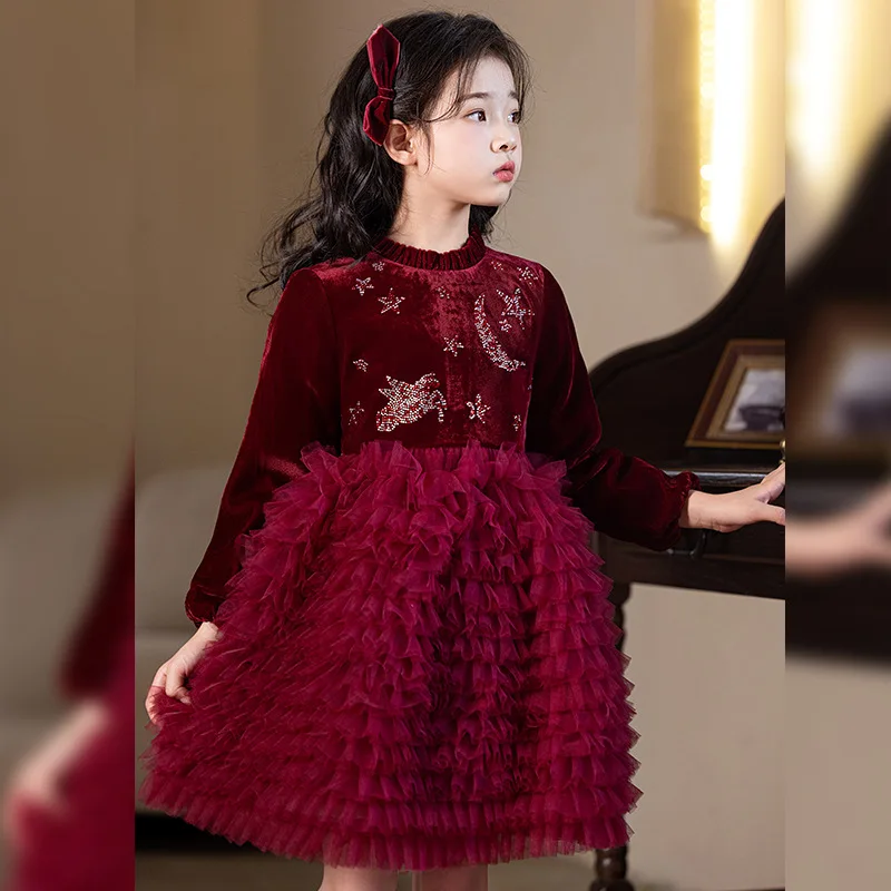 2024Girls' Autumn New Velvet Xingyue High-End Rhinestone Tulle Tutu Skirt Western Style Birthday Banquet Princess Dress