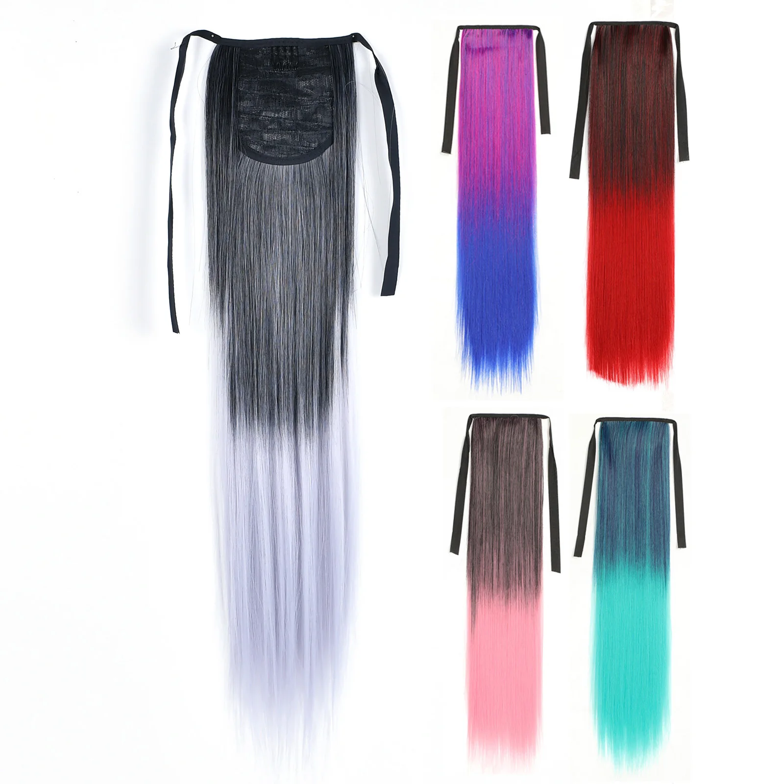 Jeedou Straight Ponytails Rainbow Ombre Color Ribbon Drawstring Ponytail Extension Vitality Cosplay Synthetic Hair