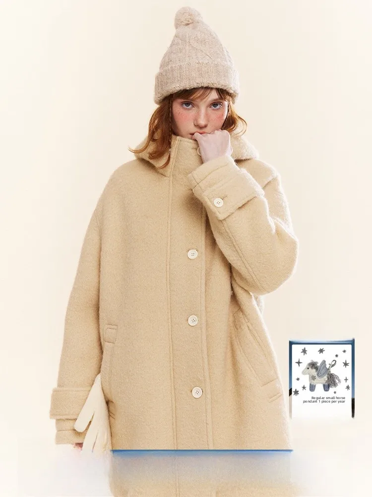 

TAKEANAP женское длинное шерстяное пальто с капюшоном, теобеденный сон, свободный крой, зимняя верхняя одежда из смеси хлопка, Sweet Sle