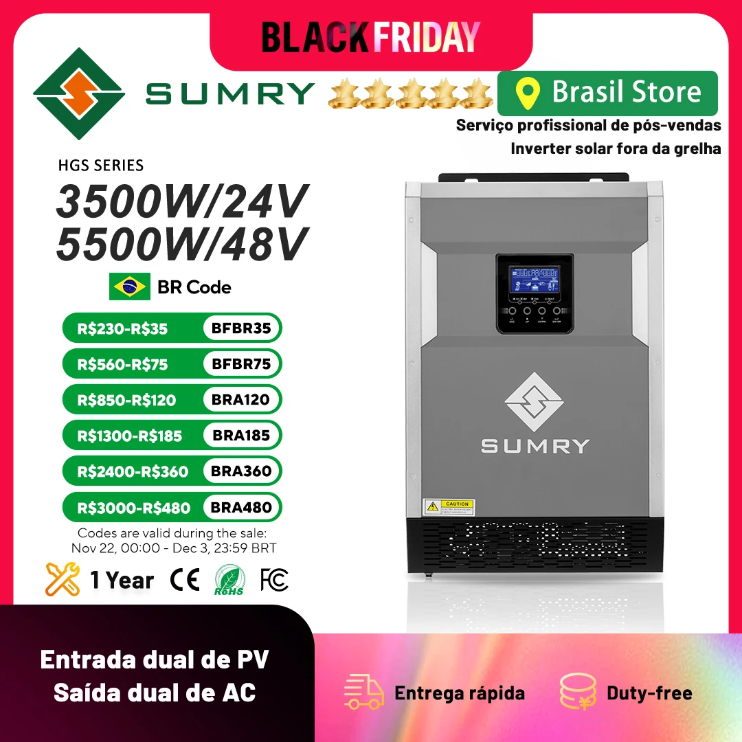 SUMRY HGS Off Grid Solar Inverter 3.5/5.5kw 24V 48V MPPT 110A 5500W Pure Sine Wave Power Inverter