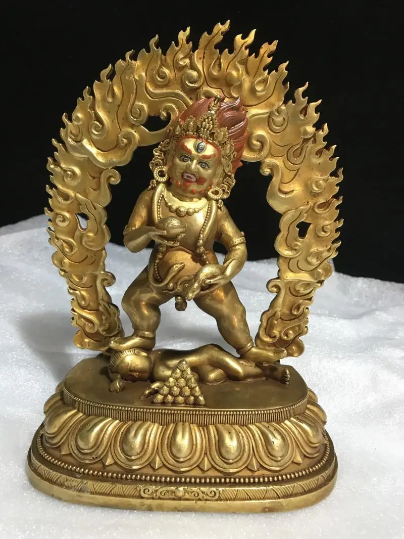 7 inch Tibetan craftsmanship pure copper gilt two-armed Mahagala Buddha statue, brass protector bronze statue ornament