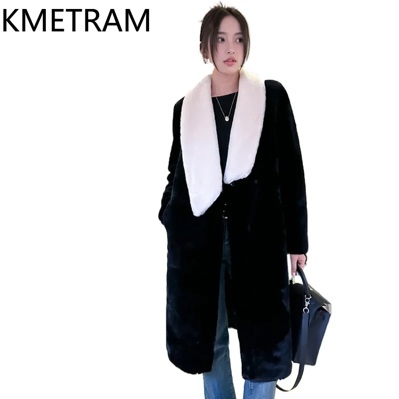 Manteau long en laine mérinos véritable pour femme, veste en peau de mouton naturelle, vêtements d'hiver noirs, vêtements d'extérieur, nouveau, 2024