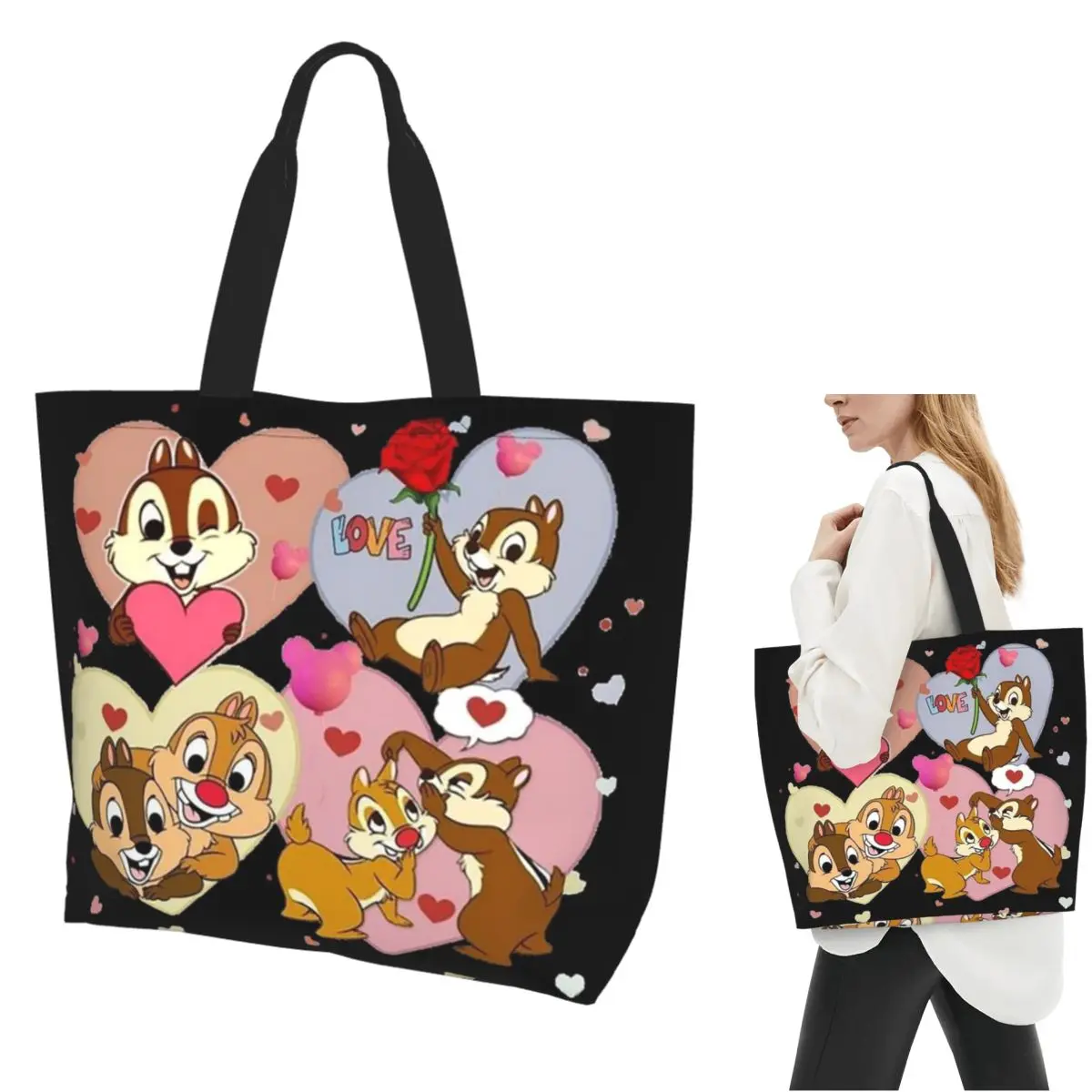 

Chip And Dale Cartoon Shopping Tote Bag Canvas Large Capacity Shoulder Bags Shopper Grocery Handbag for Women