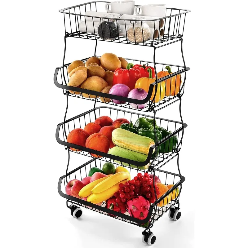 Fruit Vegetable Storage Basket for Kitchen - 4 Tier Stackable Metal Wire Baskets Cart with Rolling Wheels Utility Fruits Rack