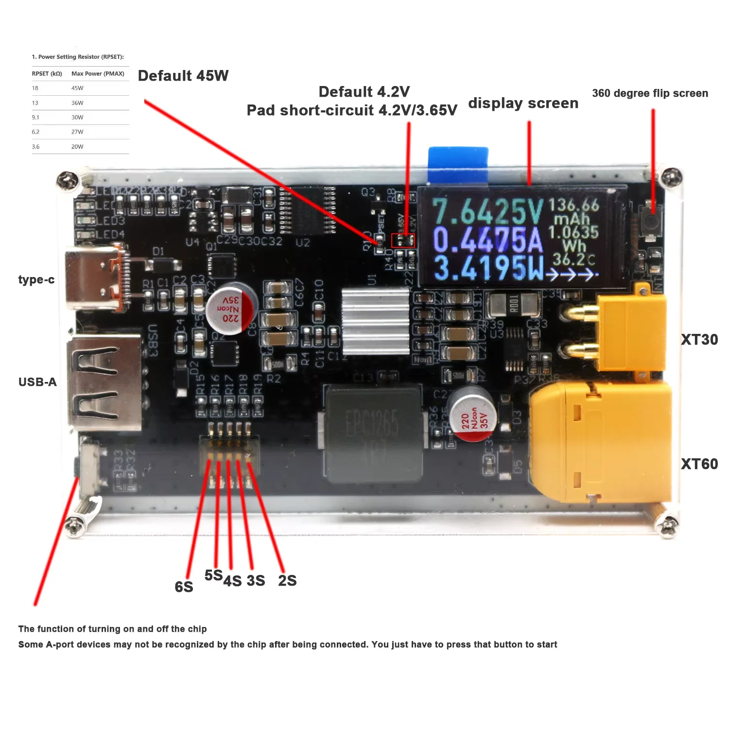 45W 2S~6S Bidirectional Fast Charger PD3.1 with LCD Display USB XT30 XT60 for Drone RC Li-ion LiFePO4 BMS 3S 4S 5S Battery