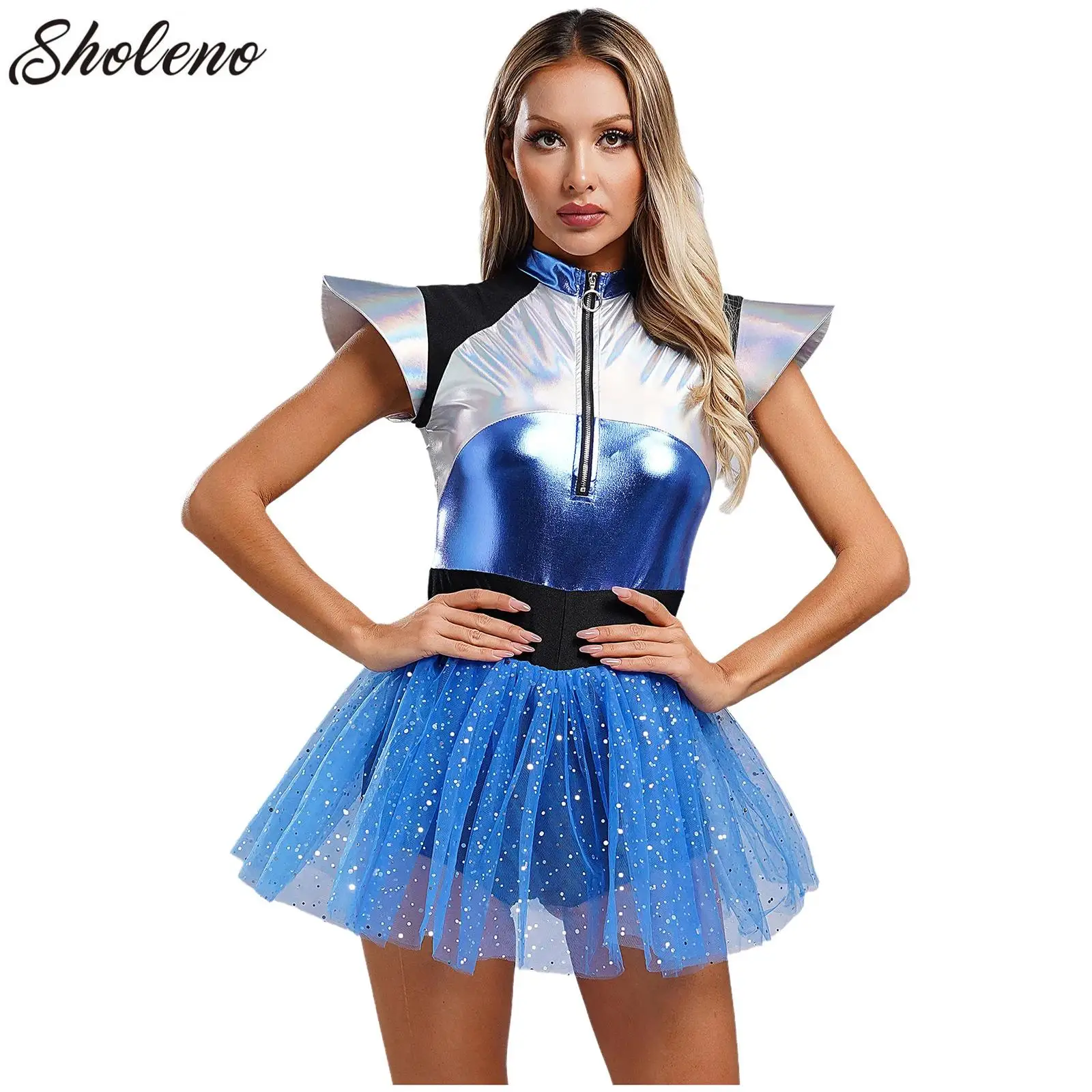 

Adult Silver Astronaut Costume Women Alien Tutu Dress Suit Space Cadet Tulle Skirt Jumpsuit Halloween Cosplay Party Dress Up
