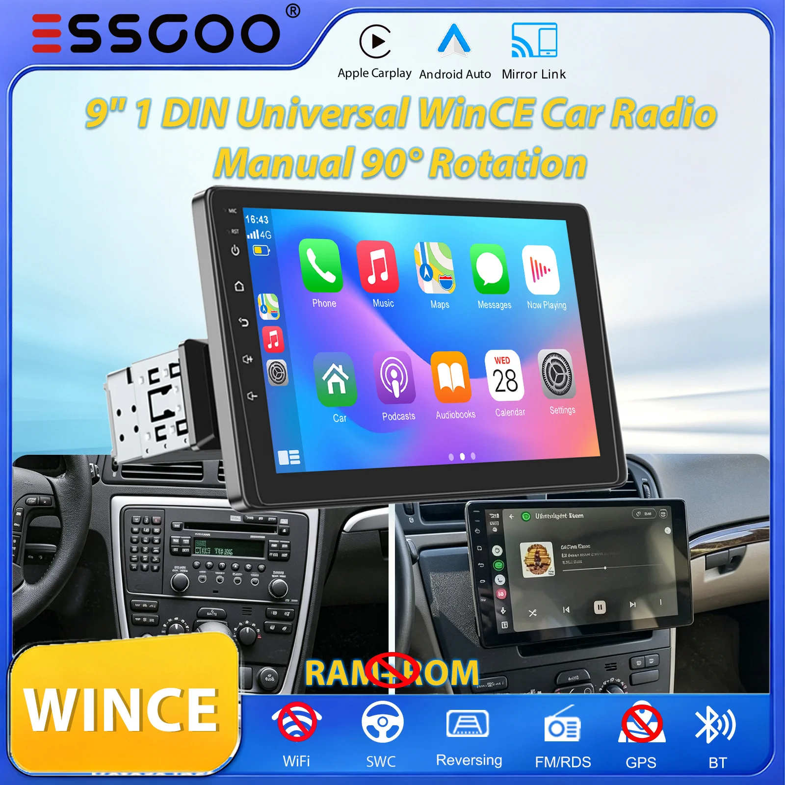 ESSGOO 9" Universale 1 DIN Manuale 30 ° Autoradio con schermo touchscreen girevole, CarPlay wireless, Android Auto, FM, BT, USB, AUX, TF, RDS