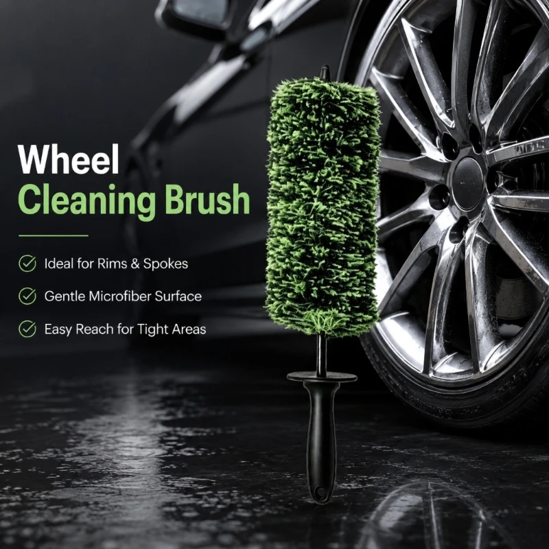 Car Wheel Detailing Brush with Elongated Cylindrical Head for Brake Dust, Road Debris, Mud, and Tight Wheel Zones KXRE