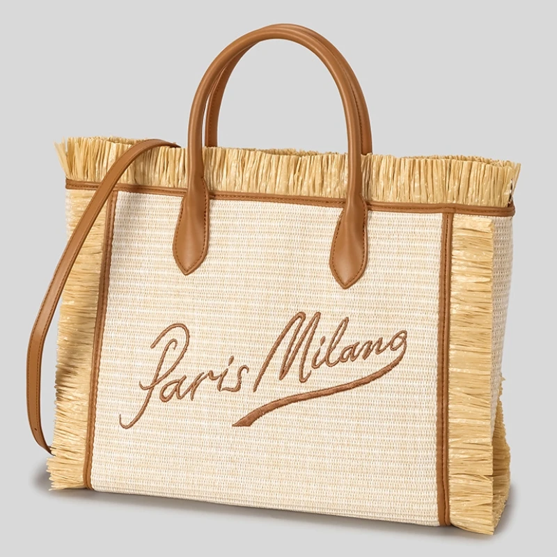 Summer Hand-woven Tassel Straw-woven Tote Bag for Women Large-capacity Letter Embroidery Casual Vacation Beach Bag 2026 New