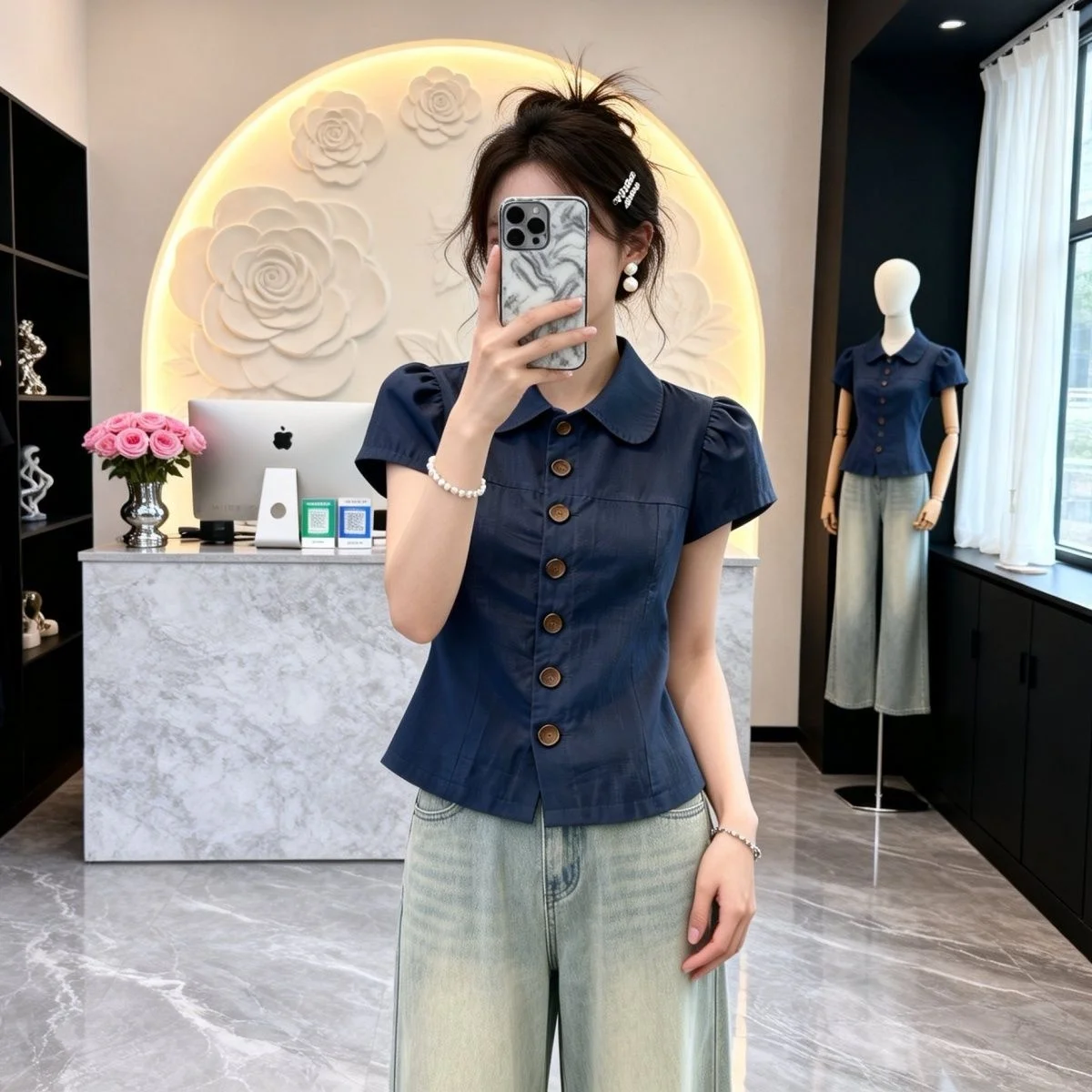 

Slimming Effect Summer New Design Waist-Cinching Shirt Women's Deep Blue Doll Collar High-End Feel Top Cute Style Short...