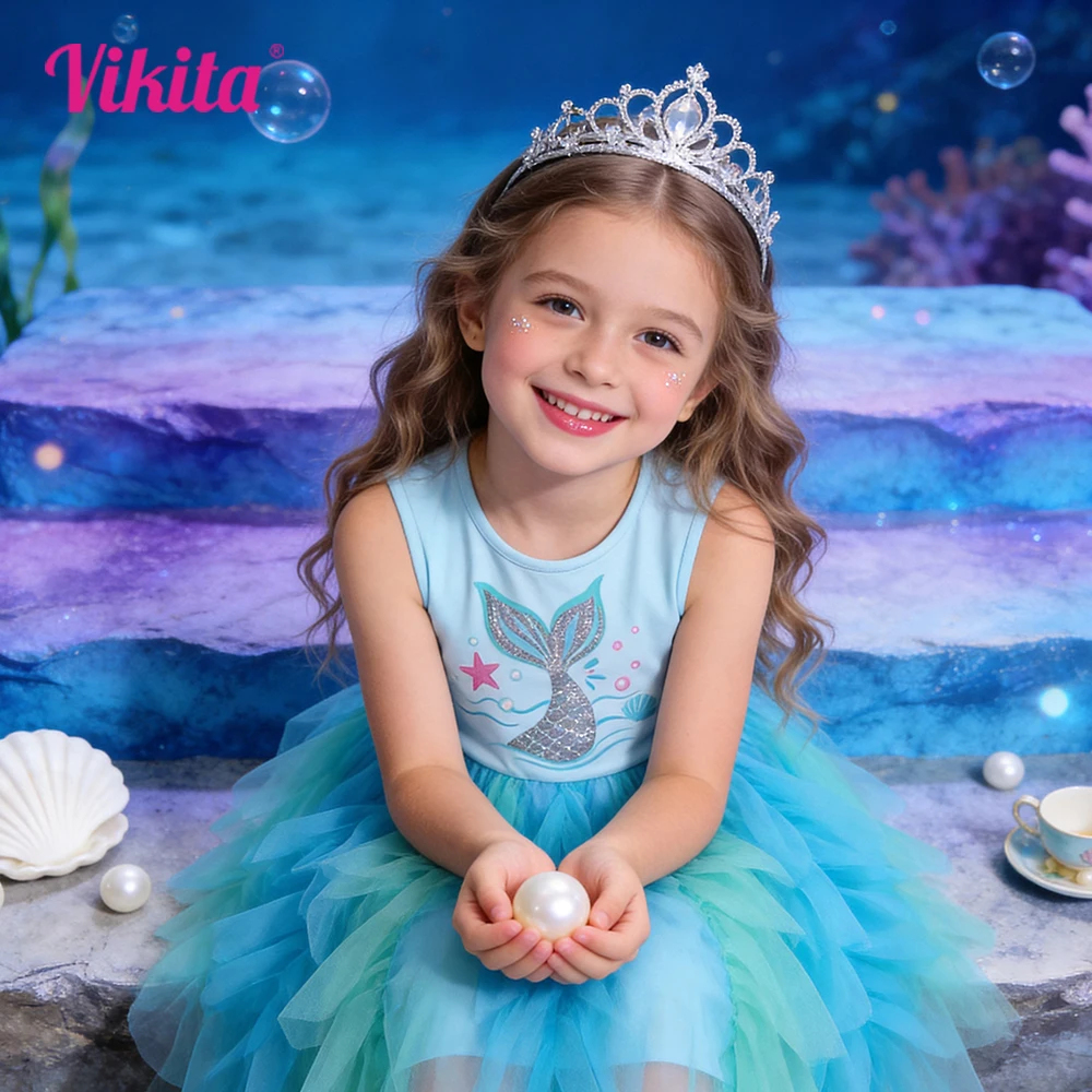 

Kids Summer Sleeveless Tulle Dress Girls Glitter Mermaid Tail Print Blue Elegant Party Dance Daily Casual Vacation Dresses