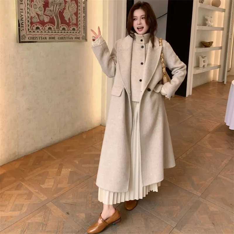 Nuovo cappotto di lana da donna 100% lana con risvolto a punta soprabito doppiopetto autunno inverno giacca lunga trench da donna
