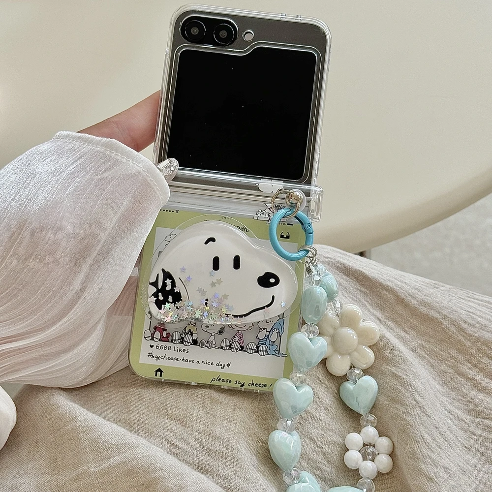 Cute Cartoon Snoopy Charlie Brown Stand Holder Phone Case For Samsung Galaxy Z Flip 7 6 5 4 3 Case Soft TPU Cover With Lanyard