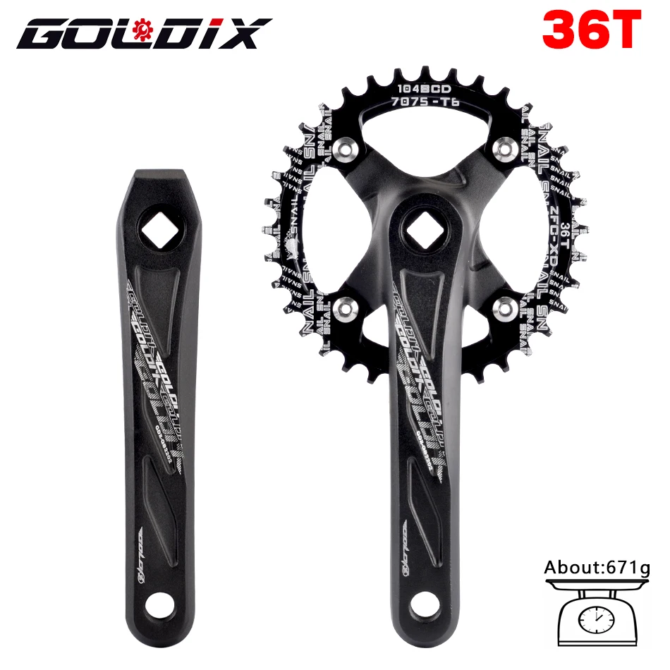 GOLDIX Vierkant Gat Fiets Crankstel Aluminium MTB Crank 170/175mm Lengte Smalle Brede Tanden 104BCD 32/34/36/38/40/42T