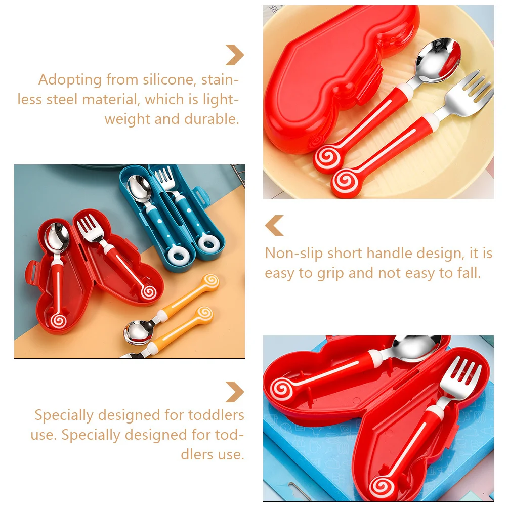 

1Set Kids Silicone Handle Spoon Fork Set Durable Stainless Steel Learning Tableware for Toddlers Kids Tableware