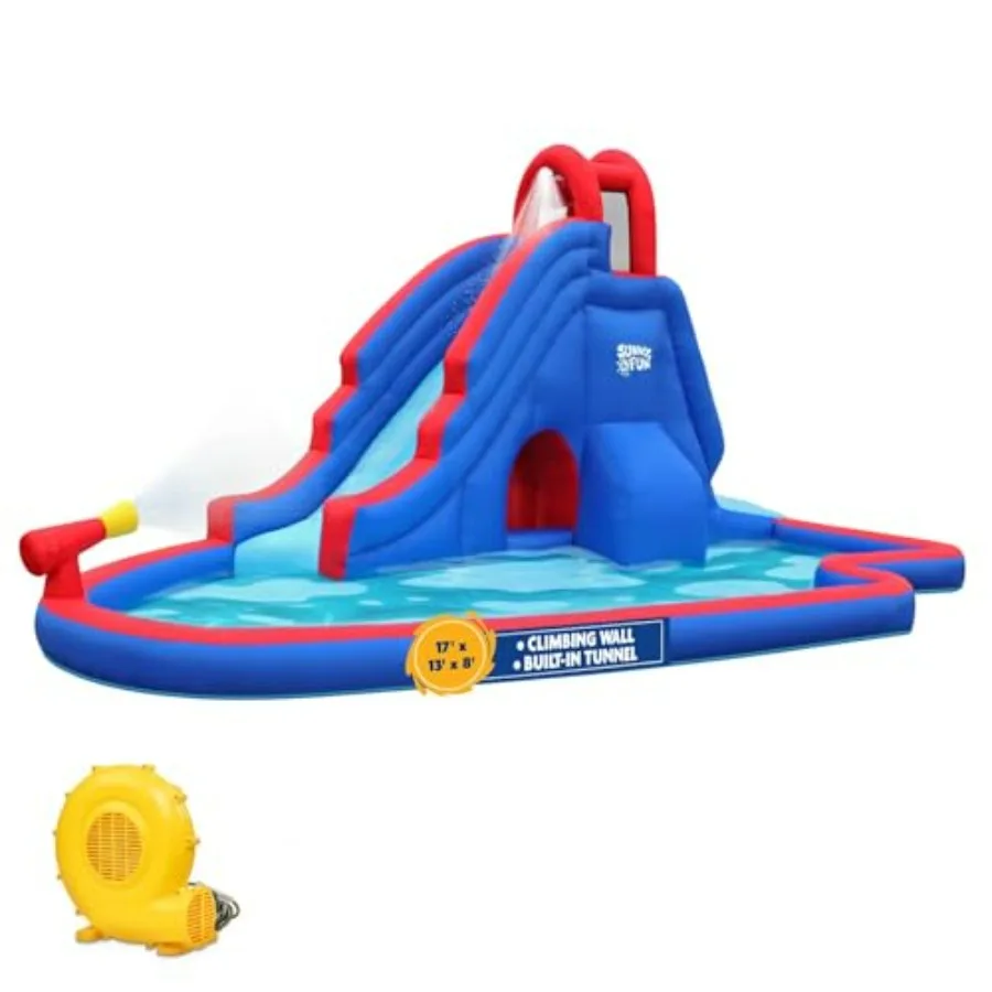 

Deluxe Inflatable Water Slide Park Splash Pool with Tunnel - Heavy-Duty Outdoor Fun - Climbing Wall - Easy to Set Up Inflate wi