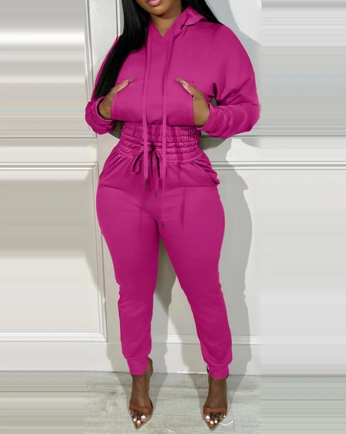 Sporty 2 Piece Set for Women Autumn Shirred Pocket Design Crop Hoodie & High Waist Cuffed Sweatpants Set Matching Tracksuit