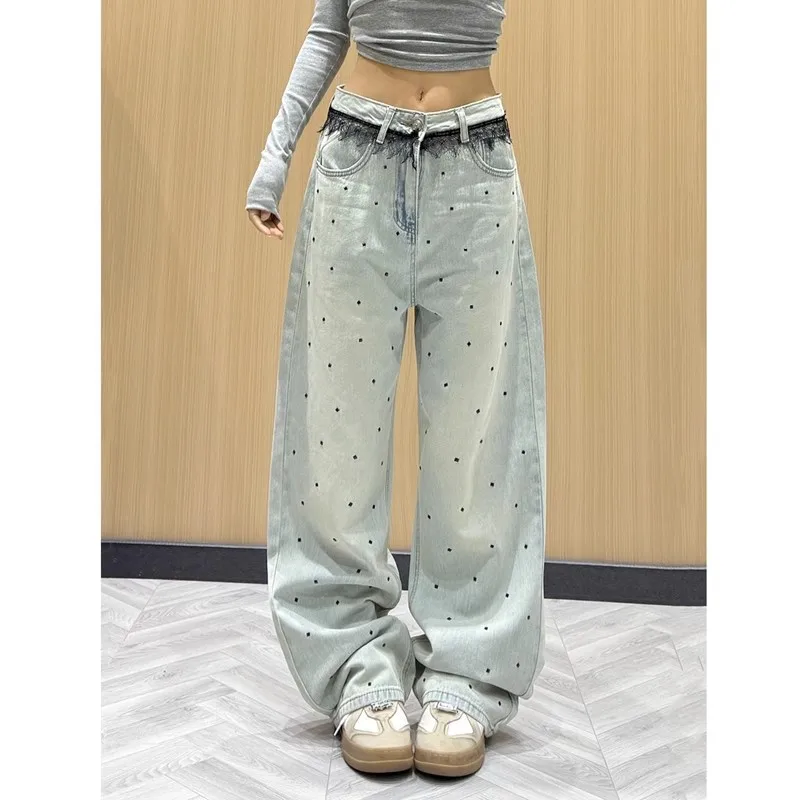 

Y2K синие кружевные джинсы женские лоскутные с высокой талией и бриллиантами горячего тиснения для похудения прямые широкие брюки