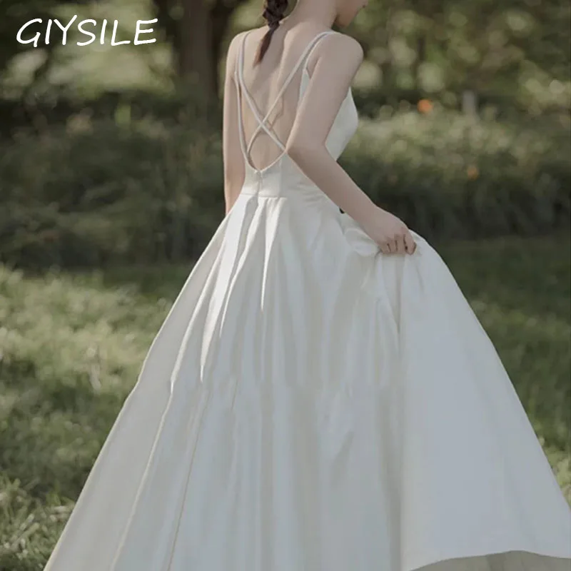 GIYSILE-Robe de mariée légère en satin pour femme, robe dos nu à bretelles simples, robes de soirée blanches minces, robe de mariée formelle, nouveau