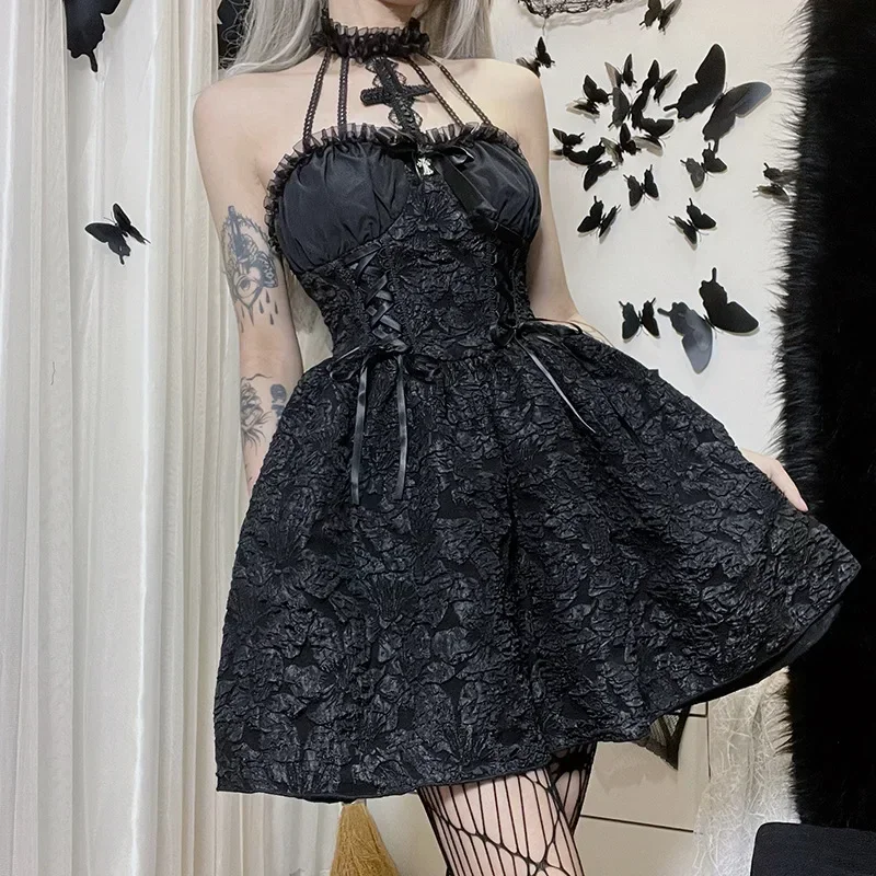 Mall Gothic Emo Jacquard A-line Dresses Goth dress Elegant Grunge Ruched Bandage Partywear Punk Black Women Halloween Club Dress