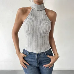 Fashion Knit Sleeveless Halter Tops For Women Basics Solid Slim Fitted Womens Turtleneck Ribbed Vest Y2k High Neck Tank Tops