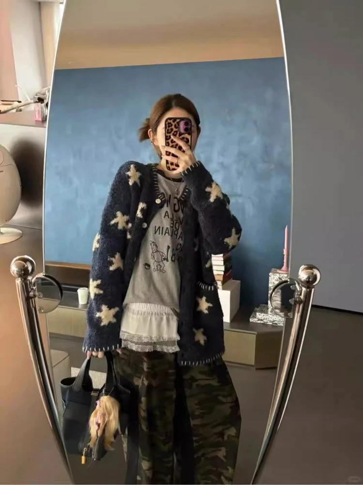 

Vintage Star Jacquard Cardigan Navy Blue Knit Oversized Sweater Star Pattern Slouchy Jacket Fall Winter Warm Streetwear Coat