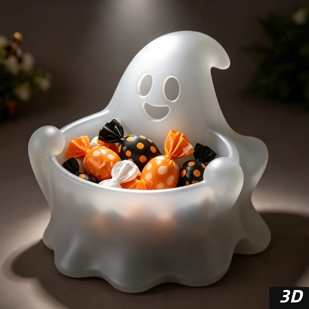 3D Printed Glowing Green Halloween Ghost Candy Bowl Decorative Tabletop Ornament For Spooky Night Holiday Decor Gift
