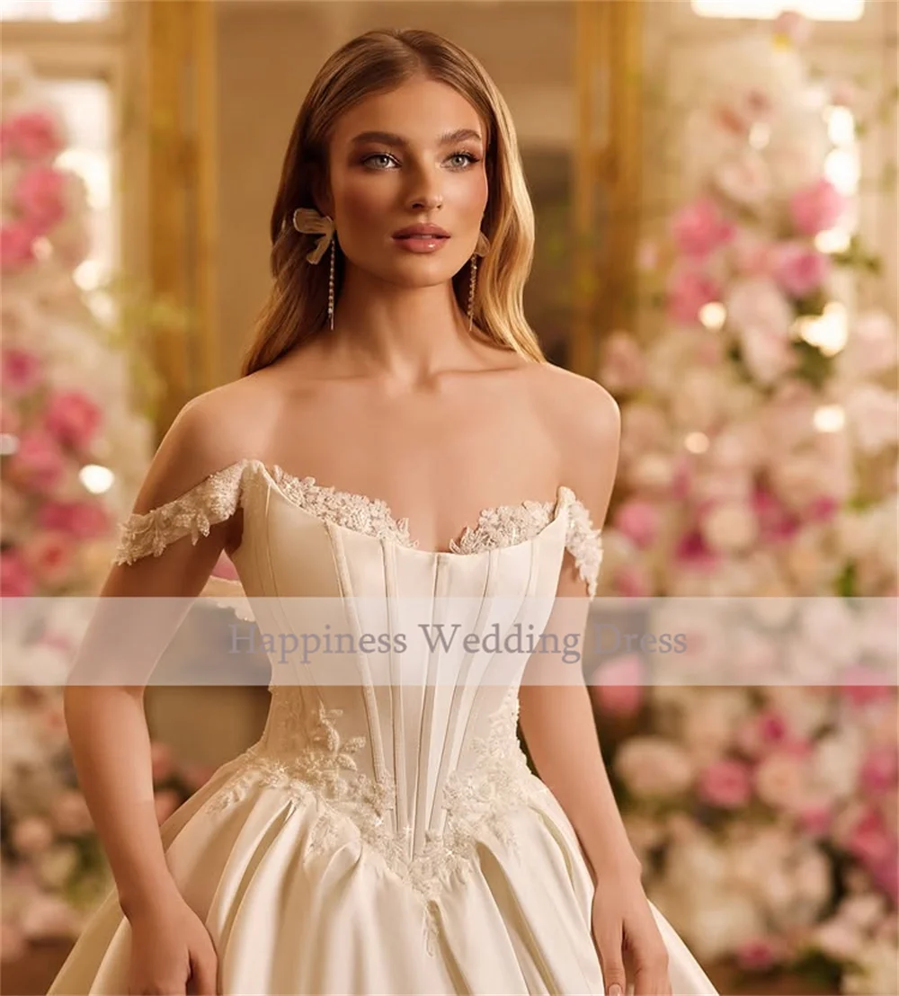 Customized Off Shoulder Sweetheart Neckline A-Line Satin Wedding Dress Sexy Lace-up Back Floor Length Sweep Train Gown For Bride