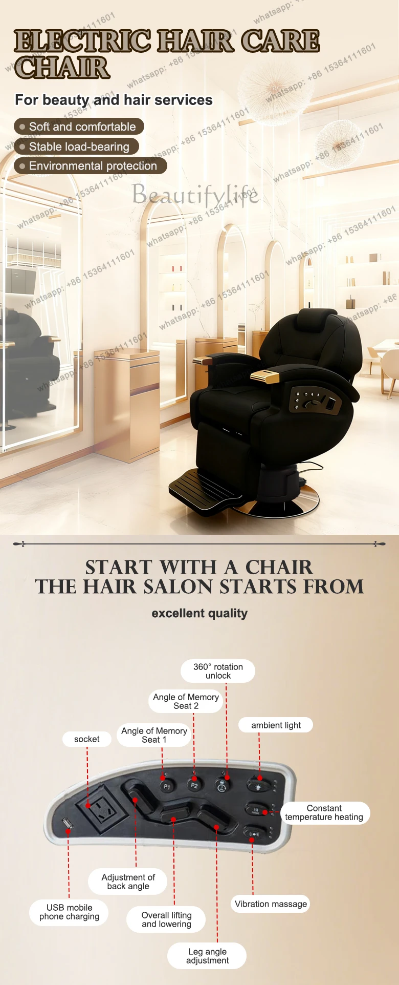 New adjustable black leather berber chairs electric swivel reclining barber chair with heating function