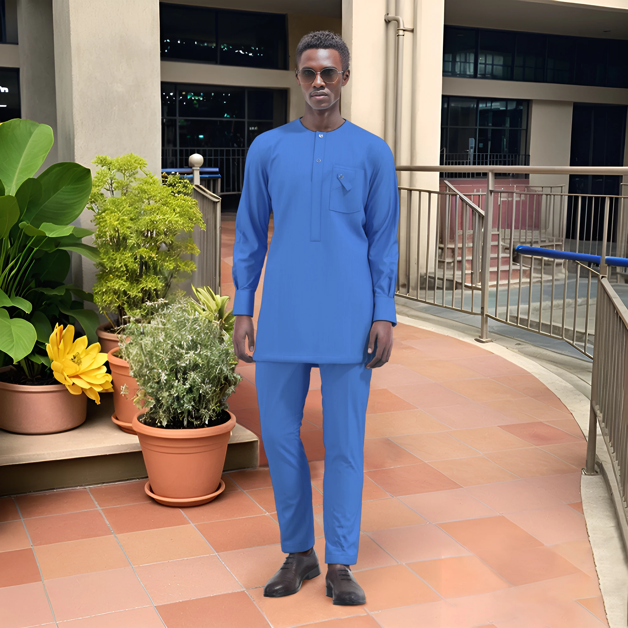 Traditional African Handmade Men Clothes Cotton Patchwork Top and Pants Sets African Print 2 Piece Pants Sets WYN2110