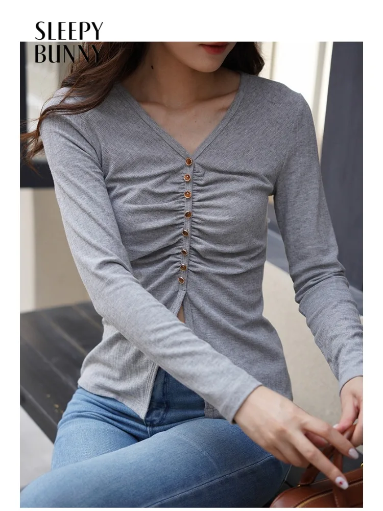 

Lady Slim Fit T Shirt Women Long Sleeve Top Stylish Stretch Button Front Tee Daily Casual Layering and High Slit Elegant Outfits