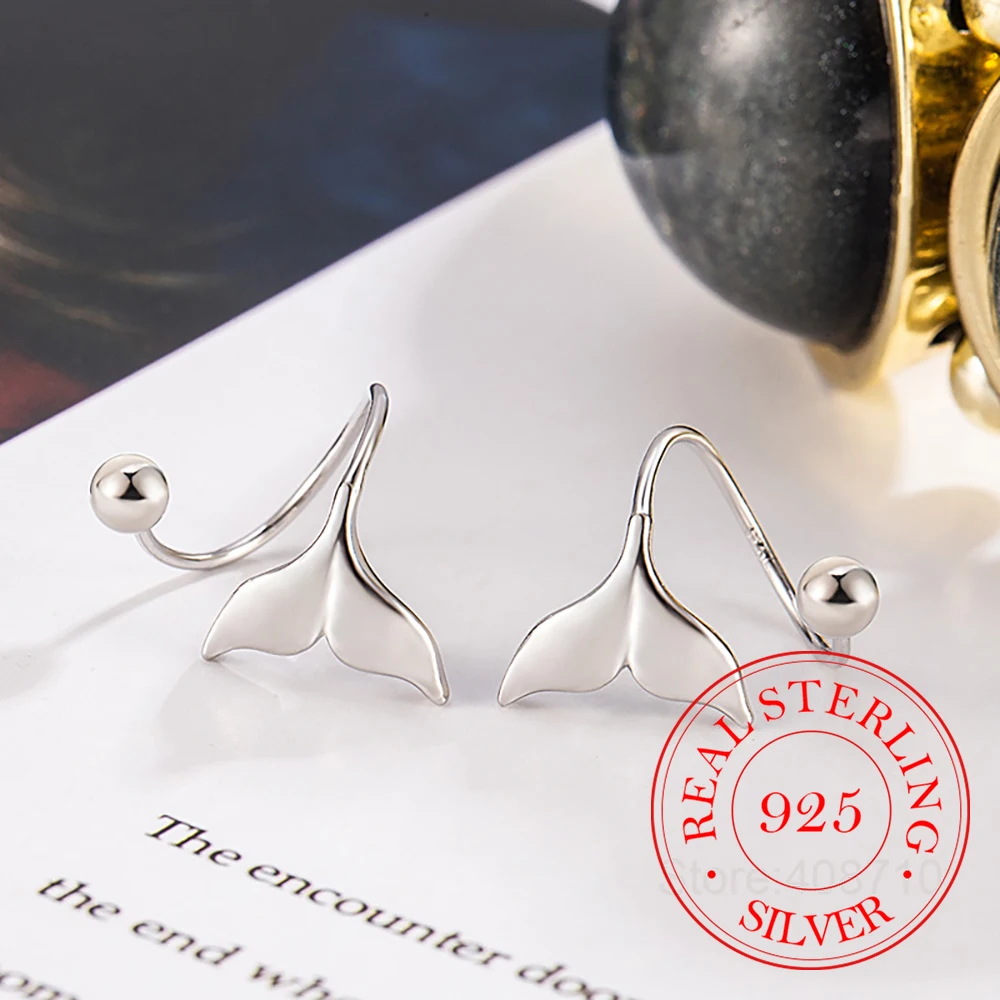 Real Money 925 Sterling Silver Simple Fishtail Screw Stud Earrings for Women Wedding Party Jewelry Gift Pendientes Mujer Moda