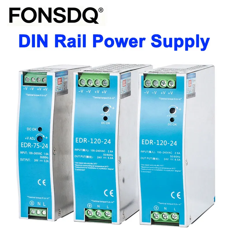EDR Industrial DIN Rail Mounted Switch Power Supply 75/120/150W 12/24V Power Source DC Single Output