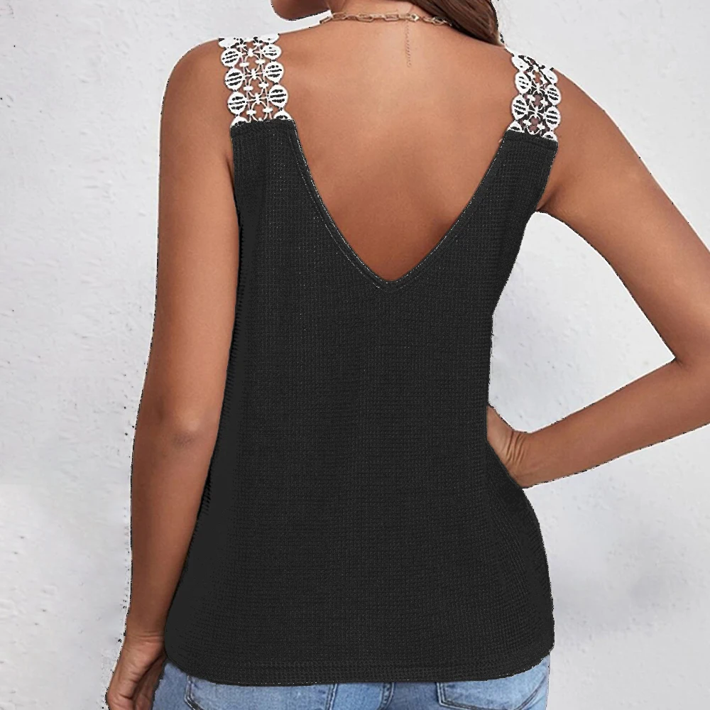 Solid Color Women's Lace Waffle Stitching Casual Vest Top Made of Polyester for Daily Home Club Outfit All Seasons