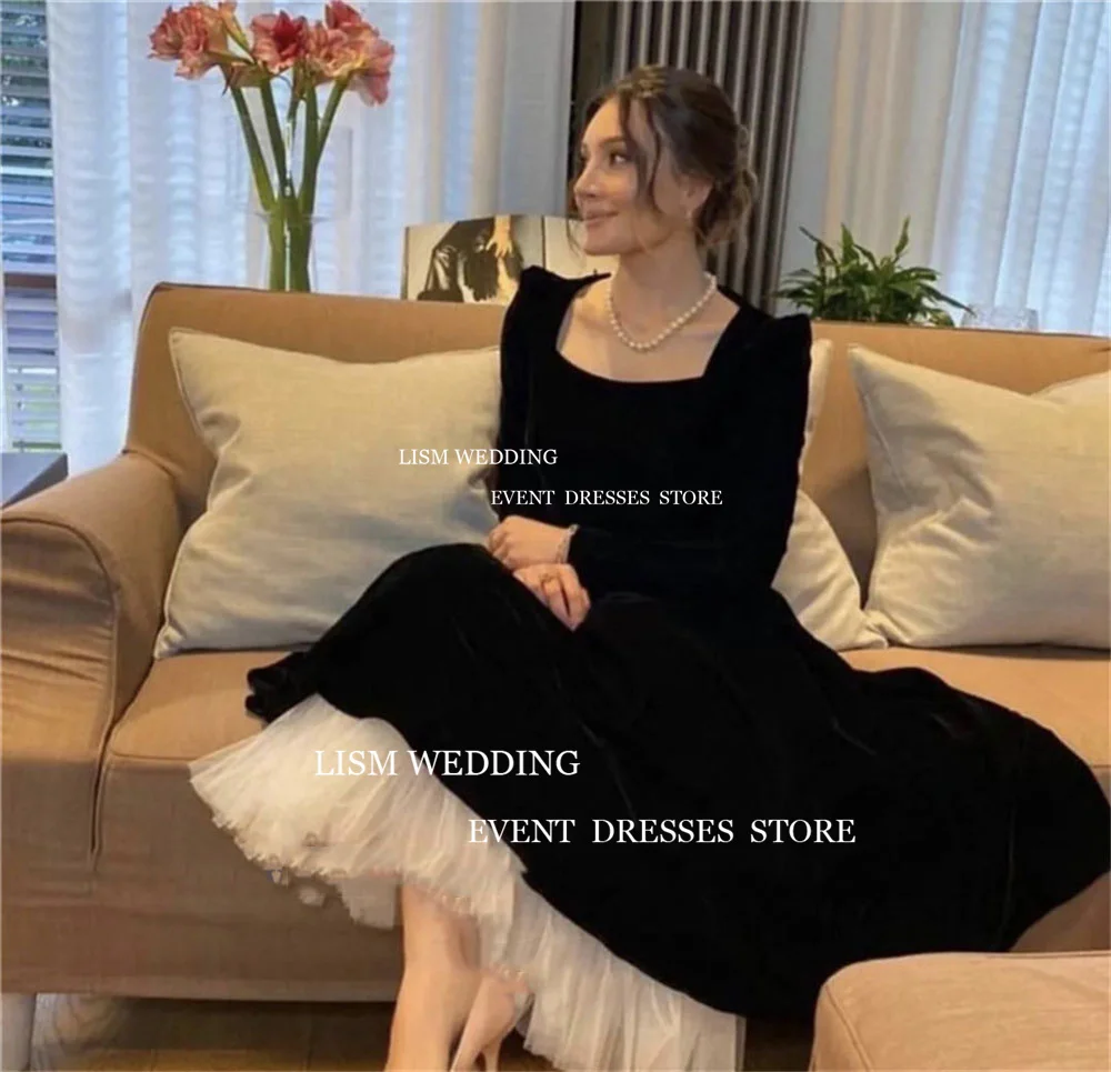 LISM Graceful Black Velvet A-Line Evening Party Dresses Square Collar Full Sleeves Ankle Length Christmas Formal Prom Dress