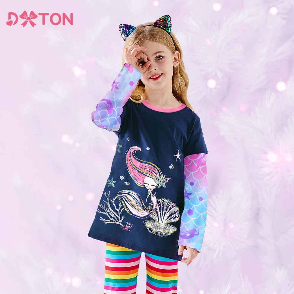 DXTON Children T-shirts For Girls Spring Autumn Long Sleeve Kids Tops Tees Printing Mermaid Shell Toddlers Cotton T-shirts 3-8Y