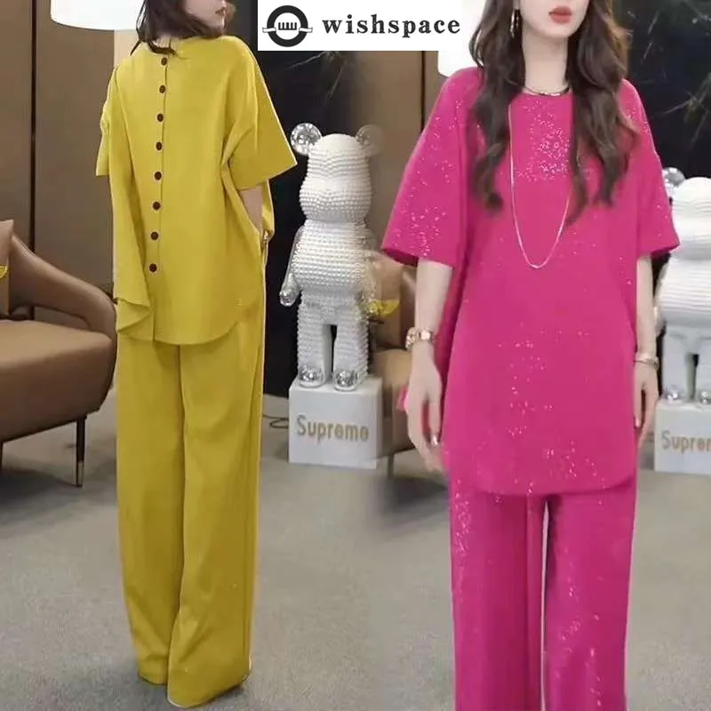 

Spring and Summer New Loose Style Fashionable Suit Sequin Short Sleeved T-shirt High Waist Wide Leg Pants Two-piece Set