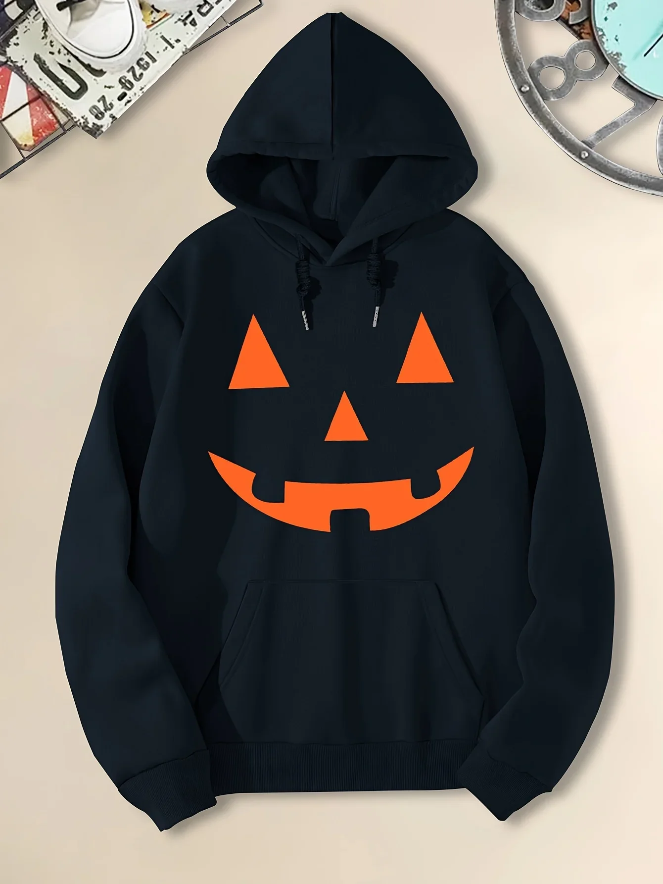 Retro Jack‑o'‑lantern Simple Pumpkin Face Front Print Hooded Sweatshirt Unisex Loose Fleece Pullover Halloween Party Casual