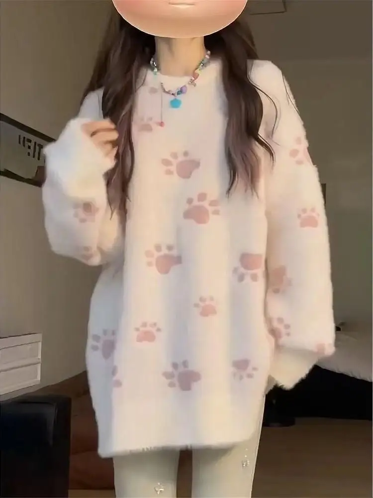 여성용 밍크 퍼가 달린 티엔드 울 니트 스웨터 따뜻한 투톤 라운드 넥 롱 스웨터 캐주얼 스타일 가을용