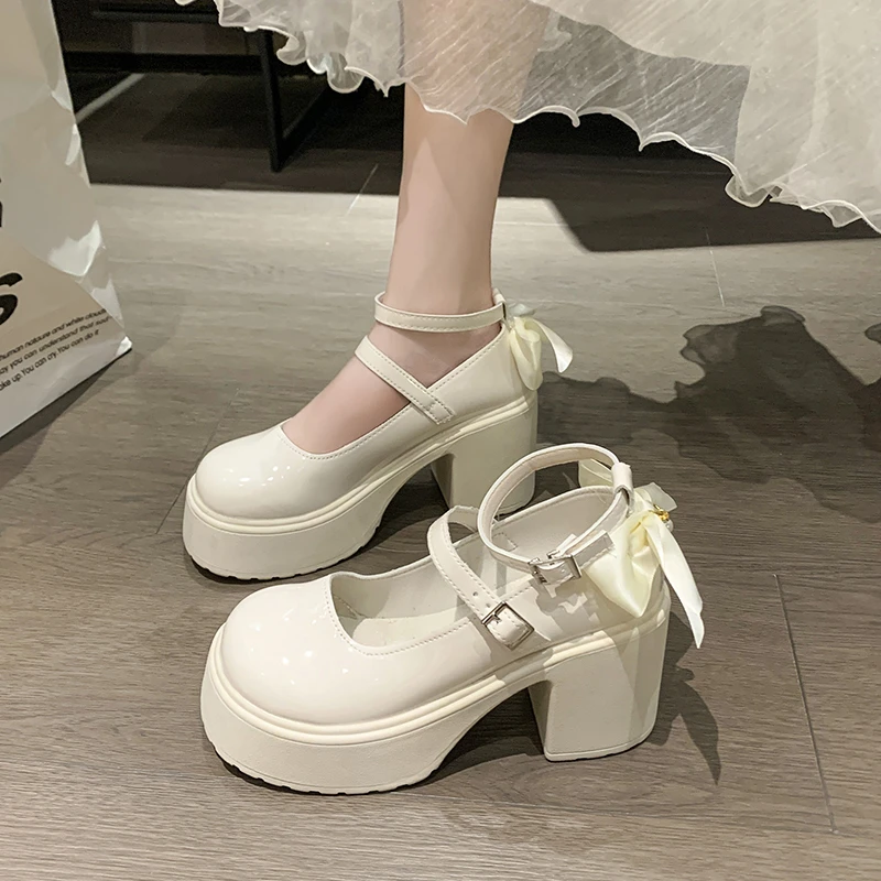 Chunky Platform Mary Jane Shoes for Women Patent Leather Lace Ankle Strap Pumps Woman Black White Bow Lolita Shoes Y2K