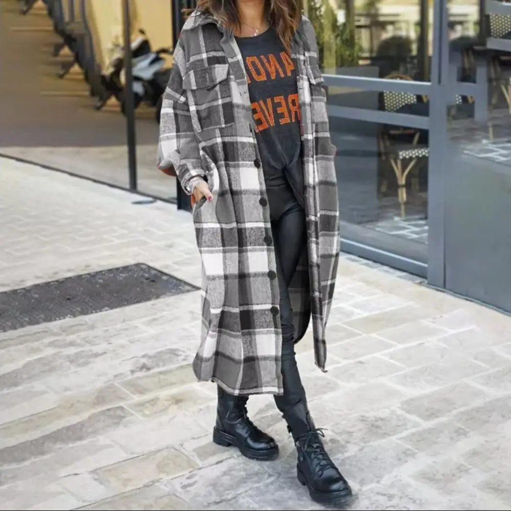 

Женское клетчатое пальто-рубашка средней длины с отложным воротником, однобортное, осенне-зимнее