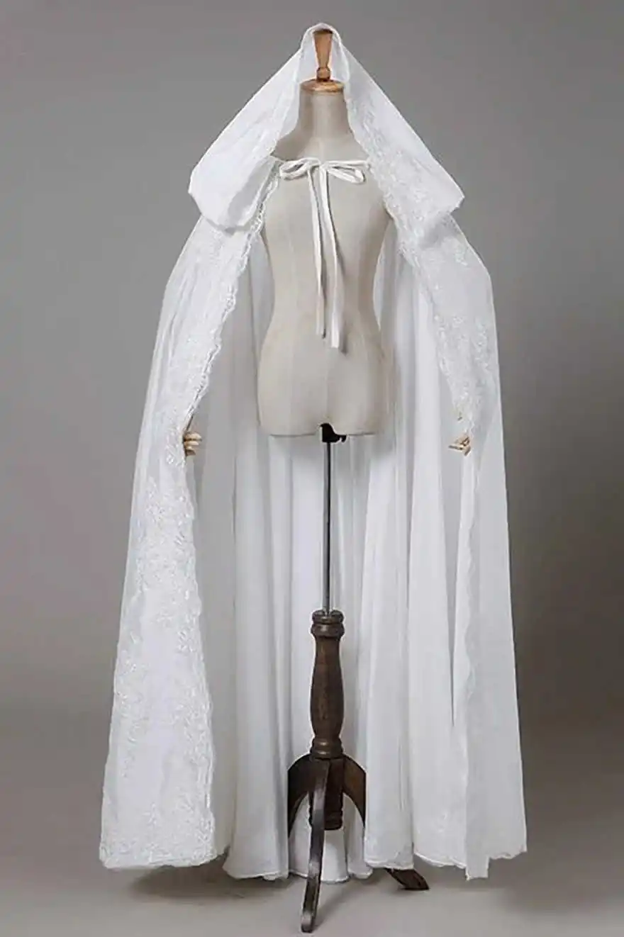 Romantic Lace Trim Chiffon Bridal Cape Hooded Floor Length Tie Closure Wedding Cloak For Bridal Ceremony Photoshoot Customized