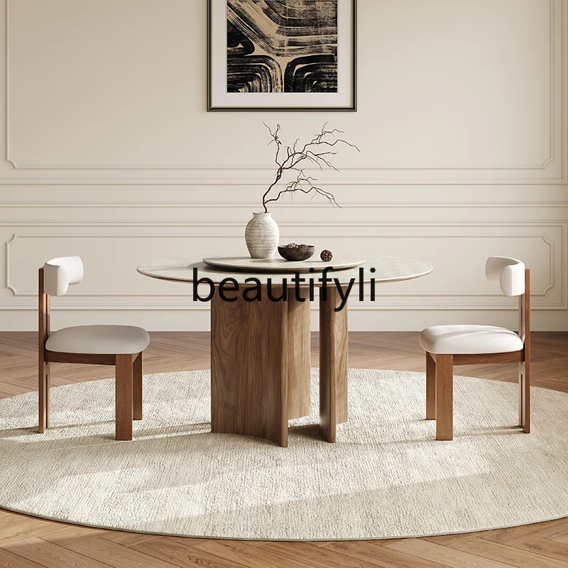

French retro solid wood dining table and chair combination round with turntable modern simple designer rock slab round table